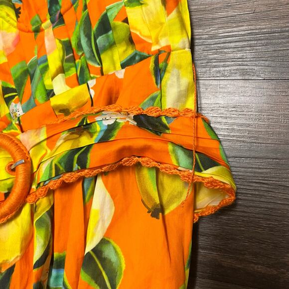 NWT Farm Rio Orange Chic Pears 100% Organic Cotton Mini Dress Belted S Retro - Picture 14 of 14